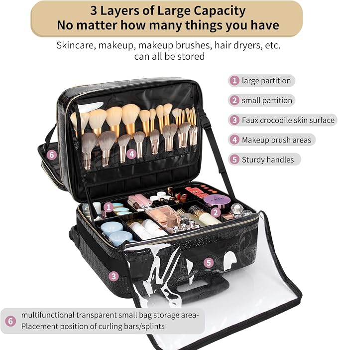 OCHEAL Rolling Makeup Train Case,with 7 Pcs Clear Makeup Bags, 18" Carry On Travel Cosmetic Organizer Suitcase,Extra Large Storage Trolley Makeup Case On Wheels for Hairstylist Cosmetology Artist - Image 7