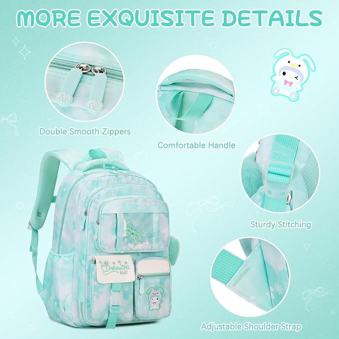 Jafeton Backpacks for Girls, Girls Backpack with Insulated Lunch Box and Pencil Case for Kids Teens Elementary Middle High School Student, Cute Bow School Bag Travel Daypacks Book Bag Set (Green) - Image 5