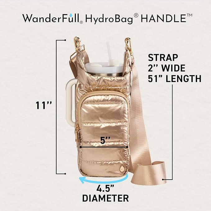WanderFull Original HydroBag HANDLE®, Zipper for Handle, 40 oz Water Bottle Holder w/Strap, Crossbody Carrier Bag w/Phone Pocket, Tumbler Accessories - Gold Shiny w/Vegan Leather Trimmed Strap - Image 4