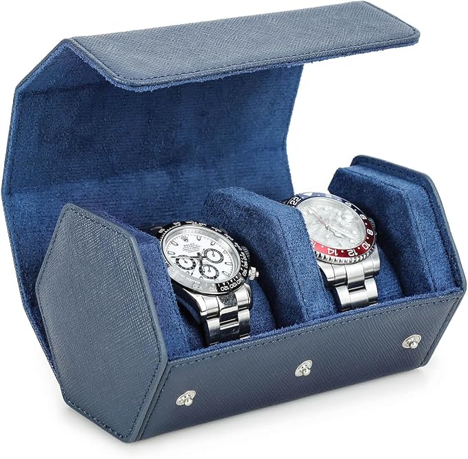 Hiram Genuine Leather Saffiano Watch Roll Travel Case, Leather 2-Watches Roll Case for Treasured Watches and Bracelets(Blue) by Hiram