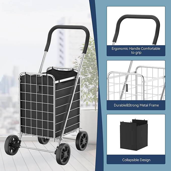 Whitmor Foldable Utility Shopping Cart with Wheels, 60Lb Capacity, Heavy Duty Grocery Cart with Steel Frame, Foam Handle, Rolling Utility Cart for Grocery, Laundry, Travel, Sliver/w Liner - Image 4