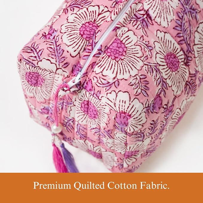 Saffron Marigold Quilted Makeup Bag Set of 3, Hand Block Printed Cotton Cosmetic Bags for Women, Waterproof Lined Travel Toiletry Bag, Coquette Floral Aesthetic, Handmade Gift, Lavendar & Rose Milk - Image 5