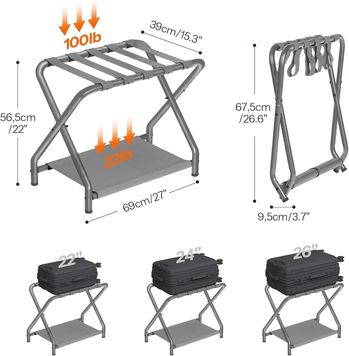 HOOBRO Luggage Rack, Pack of 2, Folding Suitcase Stand with Fabric Storage Shelf for Guest Room, Bedroom, Hotel, Holds up to 100 lb, 27 x 15.3 x 22 Inches, Space Saving, Gray GY04XLP201 - Image 3