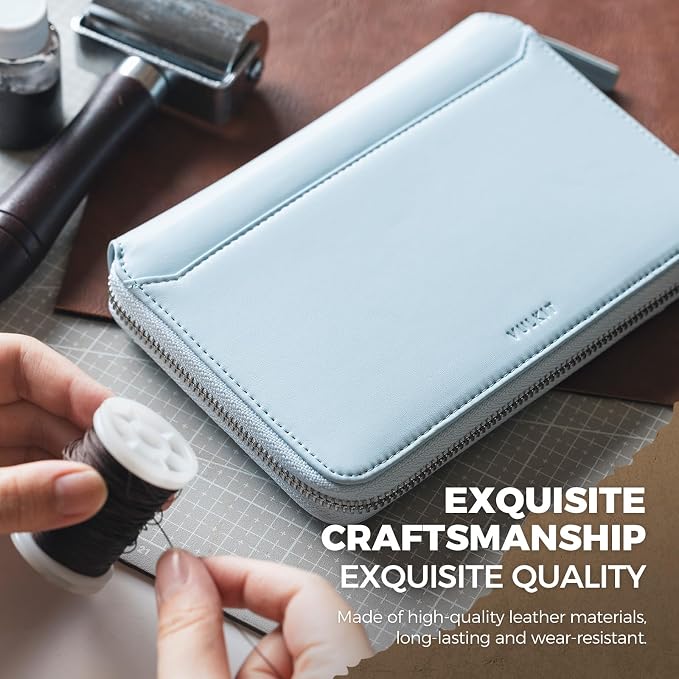 VULKIT Leather Passport Holder for 4-8 Passports Family Passport Wallet with Zipper Travel Documents Organizer for Men or Women(Light Blue) - Image 7