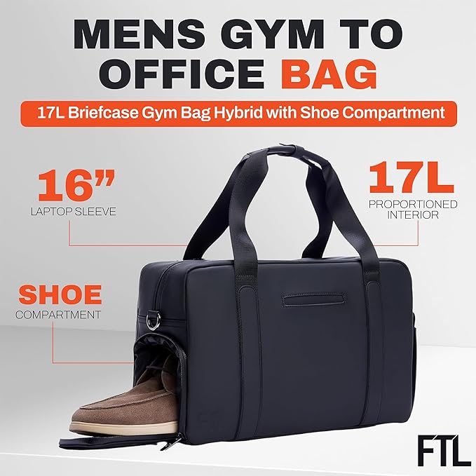The FTL Lite Mens Gym to Office Bag - 17L Briefcase Gym Bag Hybrid with Shoe Compartment & 16" Laptop Sleeve - Executive Daily Carry & Overnight Duffel for Athletic Business Pros - Kenmare Black - Image 2