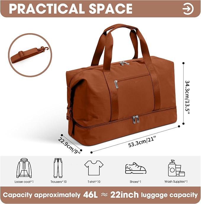 Oeihuivt Weekender Bags for Women 21 Inch Large Travel Duffel Bag Set with Shoe Compartment, Heavy-Duty nylon Carry On Overnight Tote Brown - Image 3