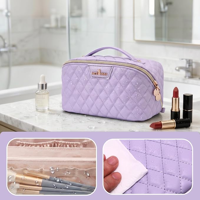 Travel Makeup Bags Cosmetic Organizer: 3Pcs Set Puffy Make up Bag for Women | Purple Premium Quilted ELEGANCE Design | Large Capacity Leather Toiletry Bags | Wide Open Compact Case for Travel Essentials - Image 2