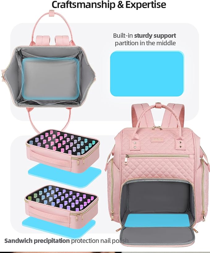 Large Nail Polish Organizer Bag Backpack Holds 70+ Bottles(15ml/0.5 fl.oz) UV Nail Lamp,Nail Organizers and Storage with 2 Removable Pouches Fits Nail Tool,Gift for Manicurist，Pink - Image 5