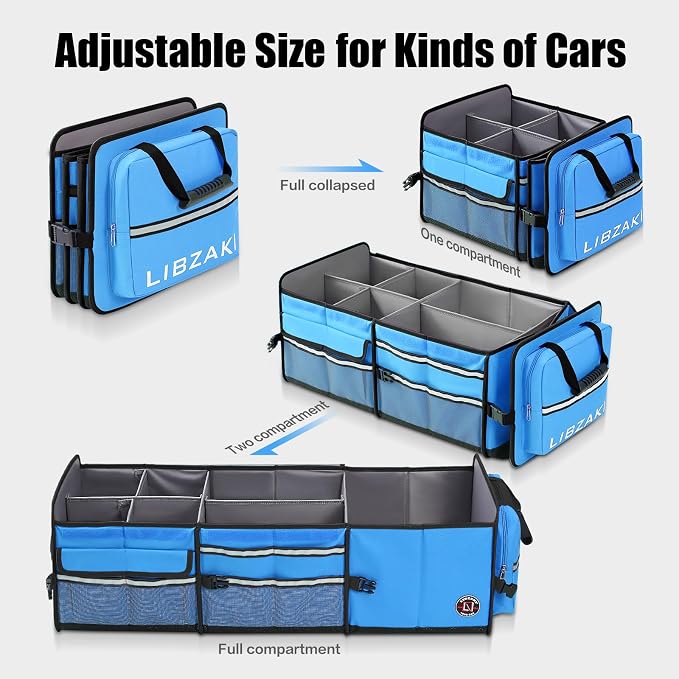 LIBZAKI Oversize 4 in 1 Car Trunk Storage Organizer, Multi Compartment Collapsible Trunk Storage Box with Cooler Bag for Car Truck SUV-Light Blue - Image 3