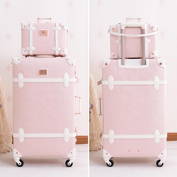 urecity 26" Vintage Luggage Set, 2 Piece Elegant Pink Retro Checked Suitcase with Cosmetic Case, Luxury Vegan Leather Aluminum Frame Spinner Trunk for Women (with Protective Clear Cover) - Image 8