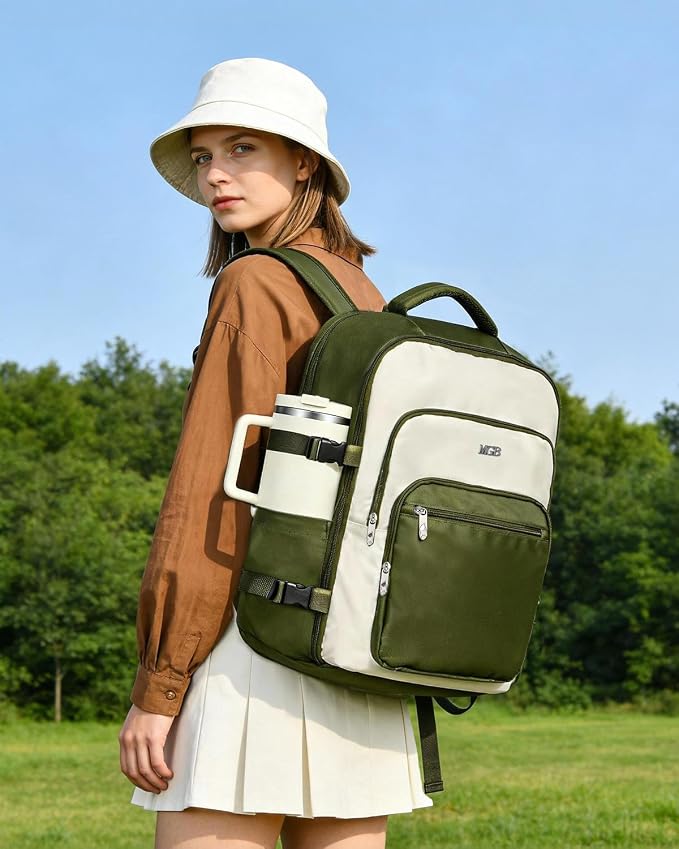 Travel Backpack for Women & Men, Carry On Backpack for Airplanes, Large Waterproof Laptop Backpack for Travel, Overnight, College & Commuting Green-Beige - Image 8
