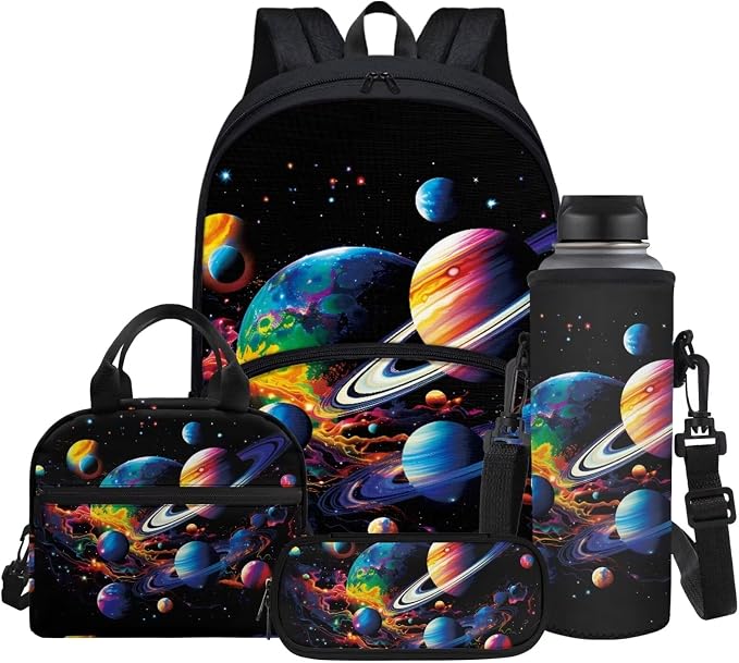 Trippy Planets Backpack for Boys School Bag Set 4 Pieces Large Capacity Bookbag Casual Daypack with Insulated Lunch Bag Pencil Case Water Bottle Cover by Glomenade