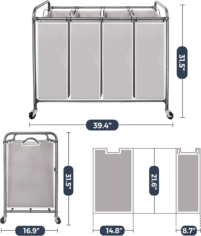 STO STO Laundry Sorter 4 Section, 4 Bag Clothes Hamper, Rolling Laundry Cart Basket with Heavy Duty Lockable Wheels and Removable Bag for Laundry Room, Bedroom, Closet, Gray - Image 6