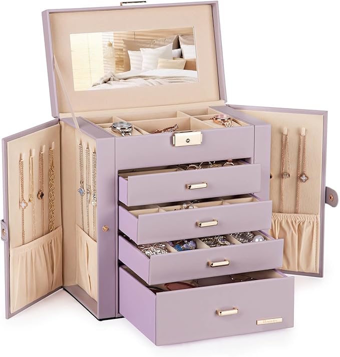 Homde Synthetic Leather Huge Jewelry Box Mirrored Watch Organizer Necklace Ring Earring Storage Lockable Gift Case (Grey Purple + Gold) by Homde