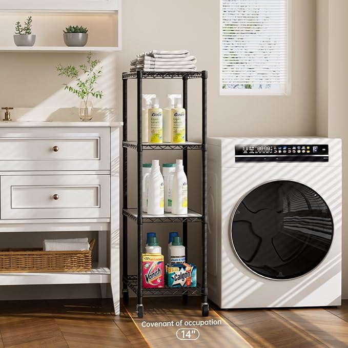 Golpart 4 Tier Shelves Storage Shelf Wire Closet Bathroom Organizers Metal Pantry Kitchen Garage Shelving Unit Laundry Room Organization Home Rack Net Basket Black with Wheels 14”D X 24”W X 48.9”H - Image 9