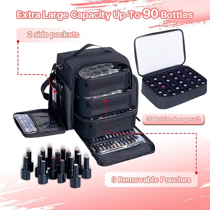 Nail Polish Organizer Case Hold 90 Bottles with 3 Detachable Bag,Black | Portable Travel Storage Box Designed for Women's Nail Tools, Essential Oils and Cosmetics Sets - Image 4