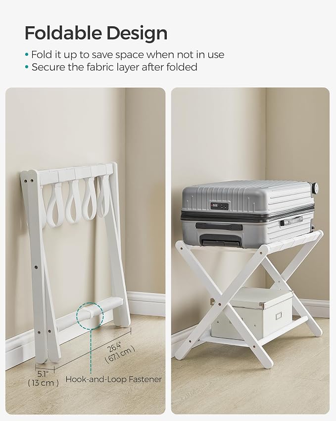 SONGMICS Luggage Rack, Set of 2, Folding Suitcase Stand with Storage Shelf, for Guest Room, Hotel, Bedroom, Heavy-Duty, Holds up to 131 lb, Cloud White URLR007W02 - Image 7