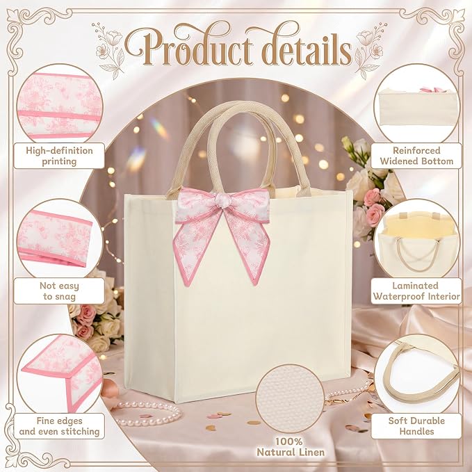 Glenmal 6 Pcs Burlap Bride Wedding Tote Bag Large Burlap Jute Tote Wedding Gift 14.2 x 12.6 x 6.3 Inch Waterproof Reusable Grocery Bag with Pink Floral Ribbon for Bridesmaid Gift Beach Pool Travel - Image 4