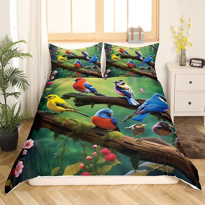 Hummingbird Duvet Cover Kids Cute Bird Comforter Cover Twin for Adult Women Girls Cardinal Bird Bedding Sets, Rustic Style Duvet Cover Colorful Flowers Decorative Bedding Collections - Image 2