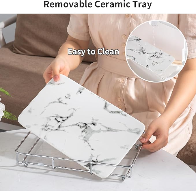 Dobbyby Vanity Tray Makeup Organizer Cosmetics Storage Bathroom Skincare Organizer Countertop Display Rack in Dresser Stainless Steel Shelf Marble Print Ceramic Trays - Image 2