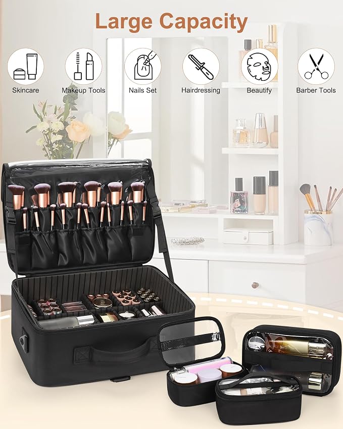 Relavel Large Makeup Bag with 3 Removable Pouches, Travel Train Case Cosmetic Organizer Carrying Box for Makeup Artists Hairstylist with Adjustable Dividers, Brush Holder and Shoulder Strap, Black - Image 5