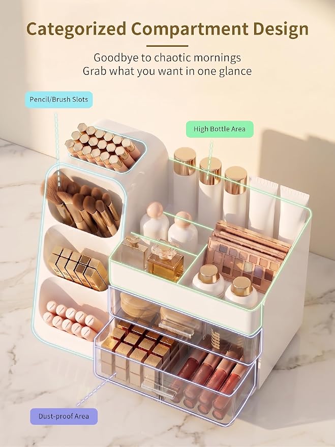 Booklov Large Makeup Organizer for Vanity and Bathroom Countertop, White | Clear Acrylic Cosmetic Display Case, Beauty Brush Holder for Dresser Counter, Storage Skincare Eyeshadow Lipstick Perfume - Image 3