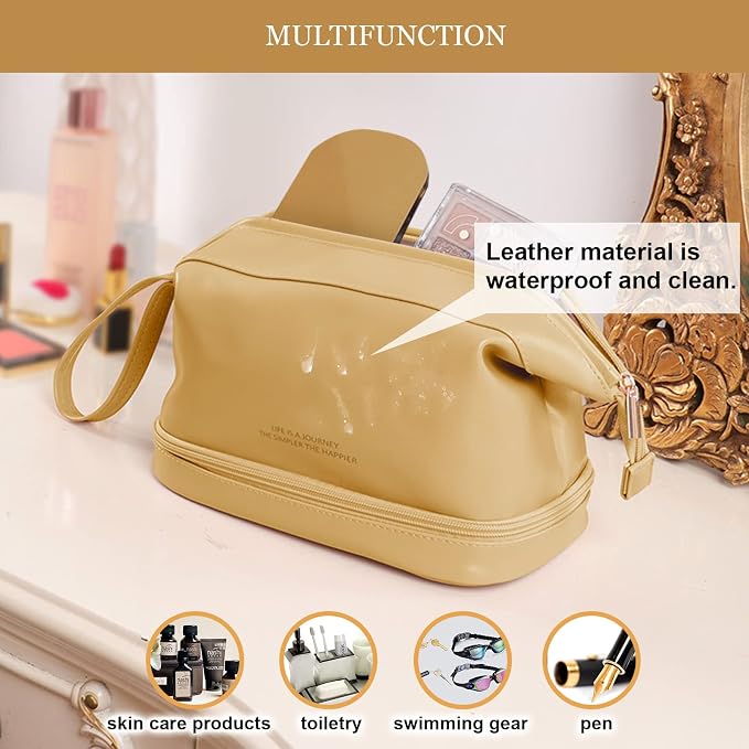 Abiudeng Large Capacity Makeup Bag Ladies Cosmetic Bag Travel Bag with Compartments Portable PU Leather Travel Makeup Bag with Handle - Image 7