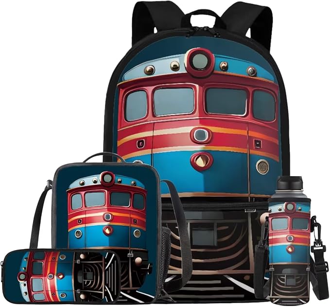 Train Backpack for Kids Boys Preschool to High School, Cartoon School Bag Set with Lunch Box, Pencil Case, Water Bottle Cover, One Size, Train-2, Waterproof by Bivxisrvo