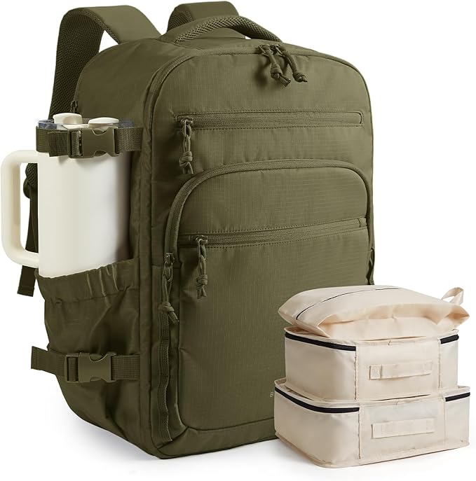 BAGSMART Travel Backpack for Women & Men 17.3 inch Laptop, Flight Approved Carry on Backpack with Shoe bag & 2 Packing Cubes, Water-Resistant Large Business Travel Bag, Weekender Bag - Olive green by BAGSMART