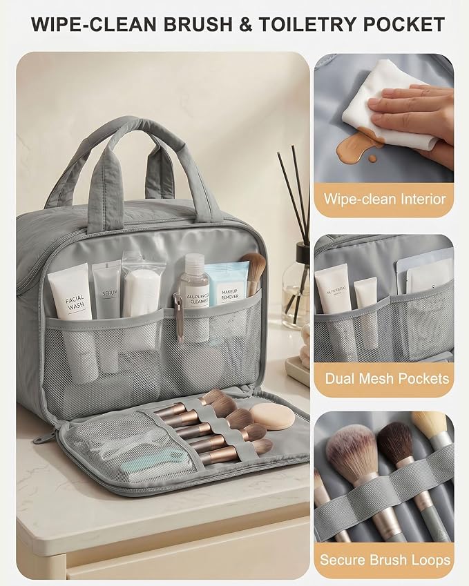 VPBAGE Large Quilted Toiletry Bag for Women, Puffy Travel Makeup Organizer with Removable Divider & Shoulder Strap, Waterproof Standing Cosmetic Case for Full-Size Toiletries, Gym, Vacation - Image 3