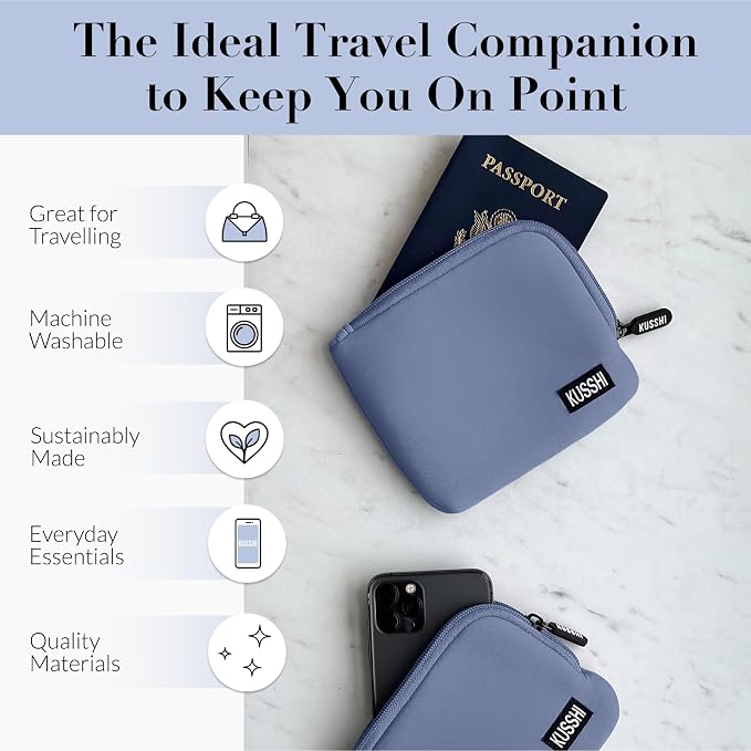 KUSSHI 2pc Neoprene On-The-Go Pouch Set - Passport Holder and Travel Zipper Makeup Pouch for Purse Organization, Electronics, Glasses & Valuables (Pearl Blue) - Image 3