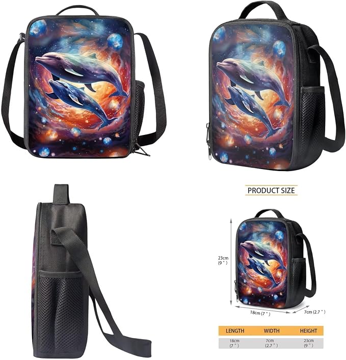 Galaxy Dolphin Print Backpack Set Schoolbag for Student Large Capacity Bookbag Lunch Box Pencil Case 17 Inch Travel Laptop Backpacks Fashion Rucksack Daypack with Side Pockets - Image 4