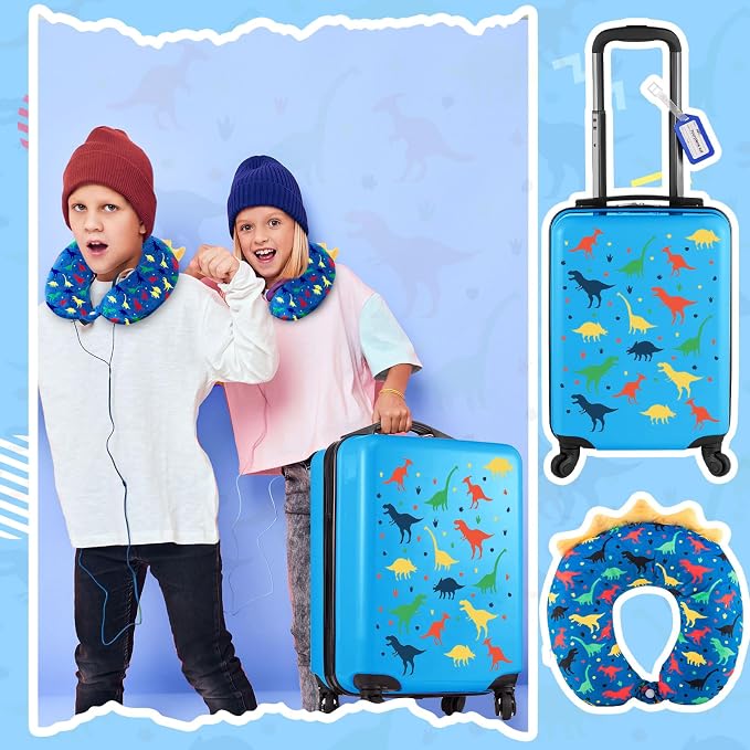 Redbaker 6 Pcs Kids Luggage Set, 17 Inch Rolling Suitcase with Backpack Lunch Bag Neck Pillow, Blue Dinosaur Travel Set for Summer Vacation Sleepover Back to School Gift - Image 4