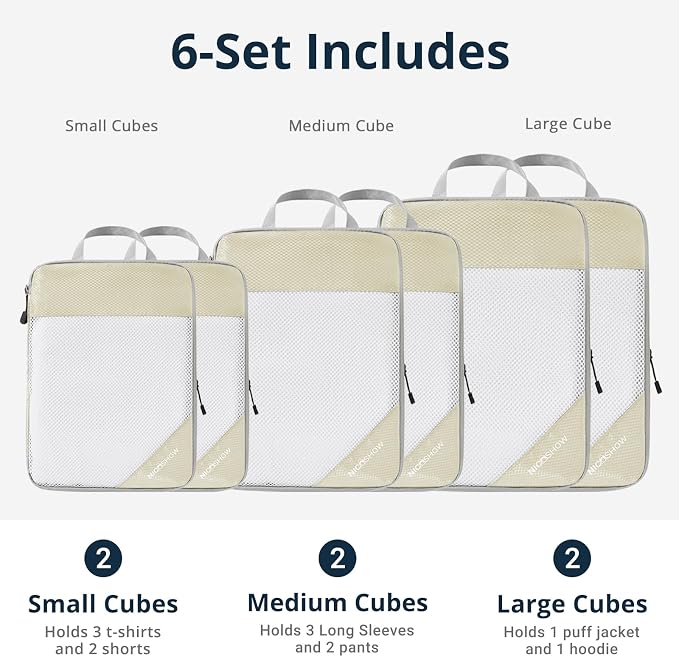 NICOSHOW Compression Packing Cubes 6 Set, Compressible Space-Saving Packing Cubes for Travel - Compression Bags, Luggage Organizer, Travel Essentials for Women, Beige - Image 3