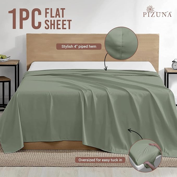 Pizuna Pure 100% Cotton Flat Sheets Only King Sea Foam (1 PC), Luxurious 400 Thread Count Long Staple Cotton Sateen with 4" Hem (Combed King Flat Sheet Only Cotton) - Image 4