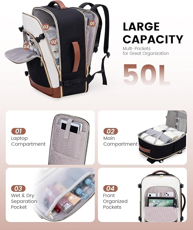 LOVEVOOK Large Travel Backpack for Women, TSA Carry on Backpack for Airplanes, 40L Personal Item Travel Bag for Women fits 17" Laptop,Waterproof Carry on Bag Airplane Approved - Image 3