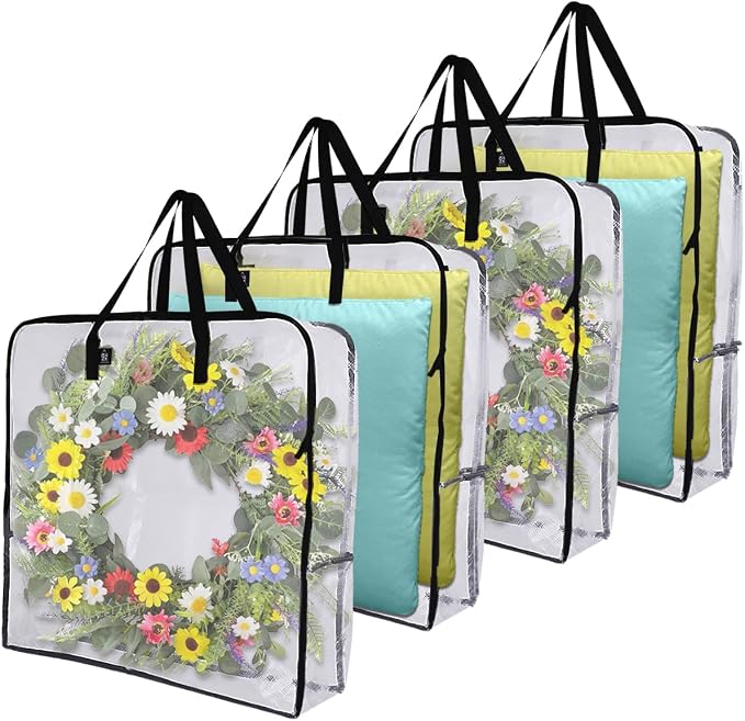 VENO 4 Pack Summer Wreath Storage Bag, Spring, Christmas Decoration Garland Container, 30 Inch Clear Door Wreath Organizers, Moving Boxes, Packing Supplies for College (Square - 4 Pack) by Veno