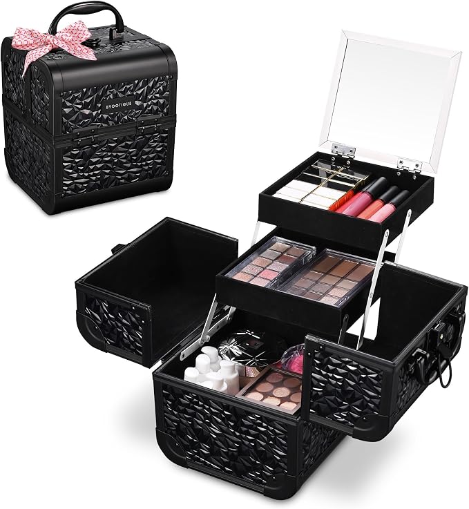 BYOOTIQUE Mini Makeup Train Case with Mirror 2 Tier Trays Box Makeup Artist | Aluminum Portable Travel Makeup Case Organizer Box Lockable Suitcase Cosmetic Storage Hairstylist Nail Tech Mermaid Black - Image 3