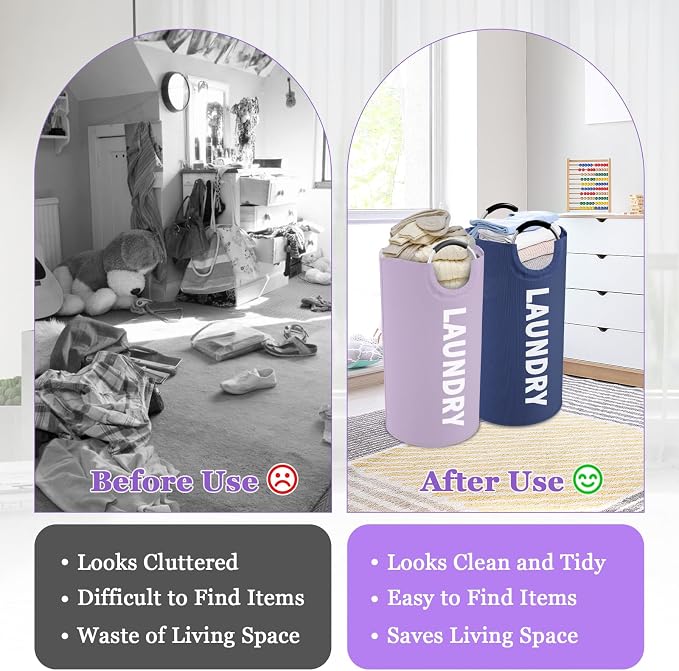 Set of 2 Large Laundry Baskets for Adult, 95L Collapsible Laundry Baskets with Aluminum Handles, Portable Dirty Clothes Hampers for Bedroom, Travel, Purple + Navy Blue - Image 7