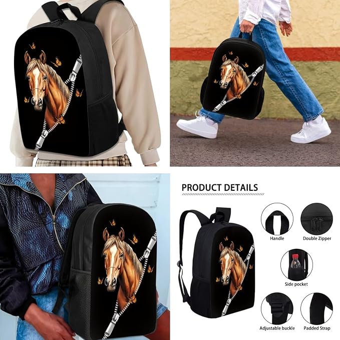 Mumeson Zipper Horse Backpack Bookbags Kids School Backpack Set and Insulated Lunch Bags with Adjustable Strip,Lightweight Small Pencase Pencil Bag 3 Pack Set - Image 5