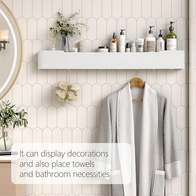 Coat Rack Wall Mount with Shelf 8 Hidden Hooks Modern Wooden Key Holder Entryway Organizer for Hallway Bedroom Bathroom Home Decor Storage for Hanging Coats Hats Bags Towels, White - Image 6