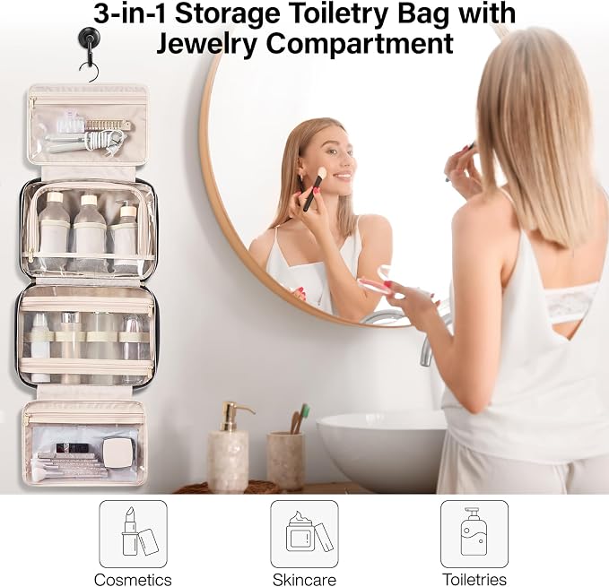 Hanke Hanging Travel Toiletry Bag with Jewelry Organizer, Black | Large Capacity, Holds Full-Size Bottles, Water & Stain Resistant, 360° Swivel Hook, Trolley Sleeve, Women's Makeup Organizer - Image 9