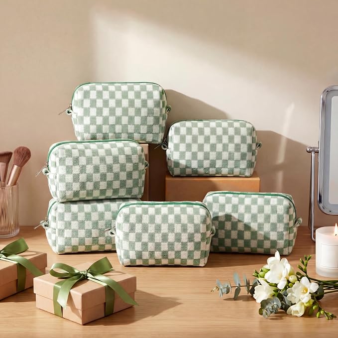 Gilprop 8 Pcs Checkered Makeup Bag for Purse Small Cosmetic Pouch Bulk Portable Zipper Makeup Pouch Travel Toiletry Organizer Gifts for Women Bridesmaid Wedding Party Favors (Green) - Image 4