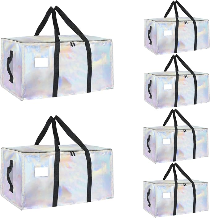 6 Pack-Extra Large Heavy Duty Moving Bags - Waterproof Storage Totes with Handles & Zippers, Foldable for College Dorm, Storage (Shiny Color) by Unknown