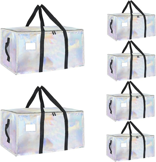 6 Pack-Extra Large Heavy Duty Moving Bags - Waterproof Storage Totes with Handles & Zippers, Foldable for College Dorm, Storage (Shiny Color) by Unknown