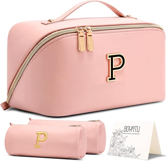 BOYATU Personalized Travel Makeup Bag: 3-in-1 Cosmetic Bag Gift for Women | Initial Make up Bag Organizer - Custom Letters A-Z - Flat Open Portable Toiletry Bag for Birthday Graduation Anniversary by BOYATU