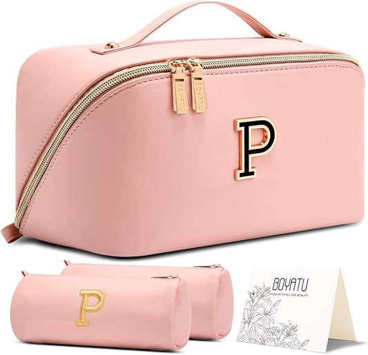 BOYATU Personalized Travel Makeup Bag: 3-in-1 Cosmetic Bag Gift for Women | Initial Make up Bag Organizer - Custom Letters A-Z - Flat Open Portable Toiletry Bag for Birthday Graduation Anniversary by BOYATU