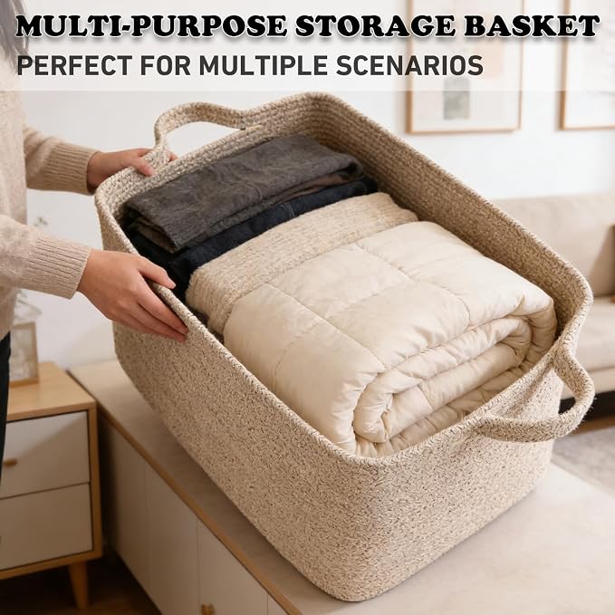 65L Collapsible Woven Rope Laundry Basket with Handles,Brown | 21x16x12 Foldable Rectangular Blanket Basket for Toys, Clothes & Pillows,Ideal for Nursery, Bathroom, Bedroom, Living Room - Image 5