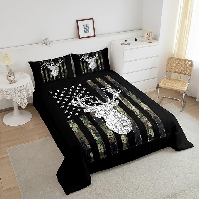 American Flag Comforter Set,Deer Hunting Down Comforter King,Army Green Military Camo Bedding Set For Boys Teens Kids Man,Western Farmhouse Stars Stripes Bedding Quilt Set Bedroom Decor 3 Pcs - Image 4