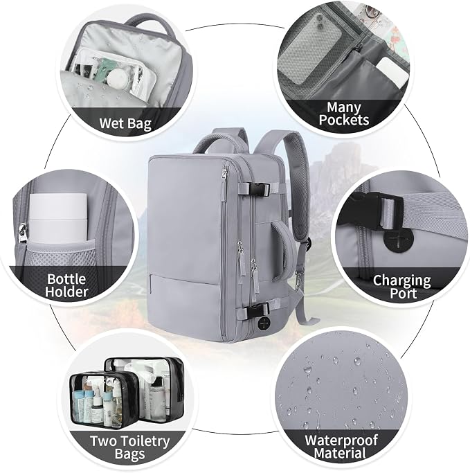 Hanples Travel Backpack for Women, 17 Inch Waterproof Laptop Backpack | 35L Carry on Backpack, TSA Flight Approved Anti Theft Travel Bag, Casual Daypack with 2 Toiletry Bags for Trips, Gray - Image 7